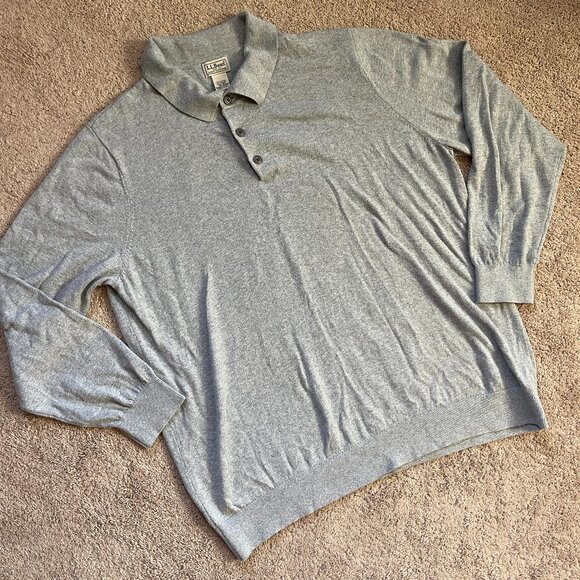 LL Bean Men's Cashmere Blend Sweater Gray Casual LS Polo Button Size XXL Reg - Picture 2 of 7